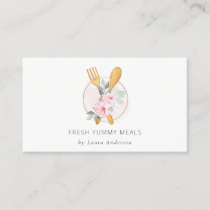 Wooden Fork Spoon Blush Pink Floral Chef Logo Visitekaartje