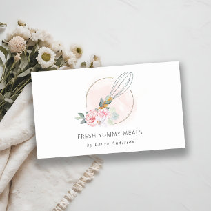 Wooden Fork Spoon Blush Pink Floral Chef Logo Visitekaartje