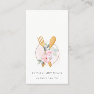 Wooden Fork Spoon Blush Pink Floral Chef Logo Visitekaartje