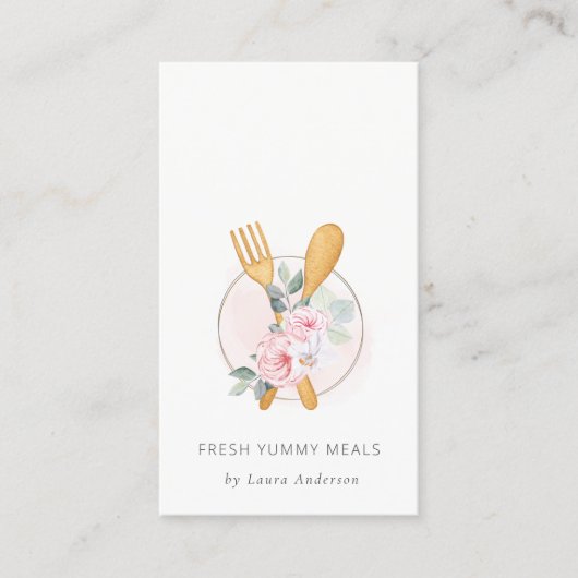 Wooden Fork Spoon Blush Pink Floral Chef Logo Visitekaartje (Voorkant)