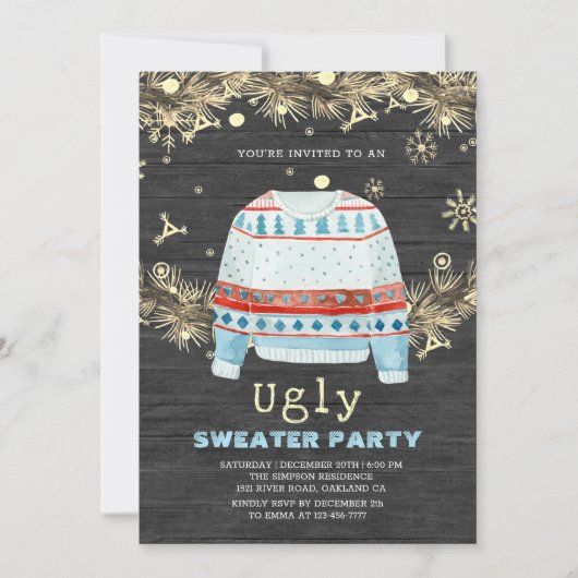 Wooden Golden Ugly Sweater kerst Uitnodiging (Voorkant)