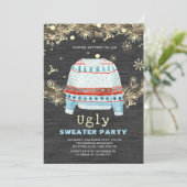 Wooden Golden Ugly Sweater kerst Uitnodiging (Staand voorkant)