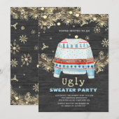 Wooden Golden Ugly Sweater kerst Uitnodiging (Voorkant / Achterkant)