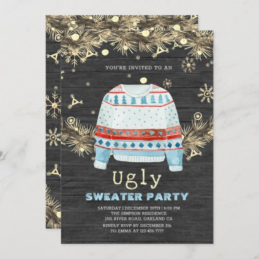 Wooden Golden Ugly Sweater kerst Uitnodiging (Voorkant / Achterkant)