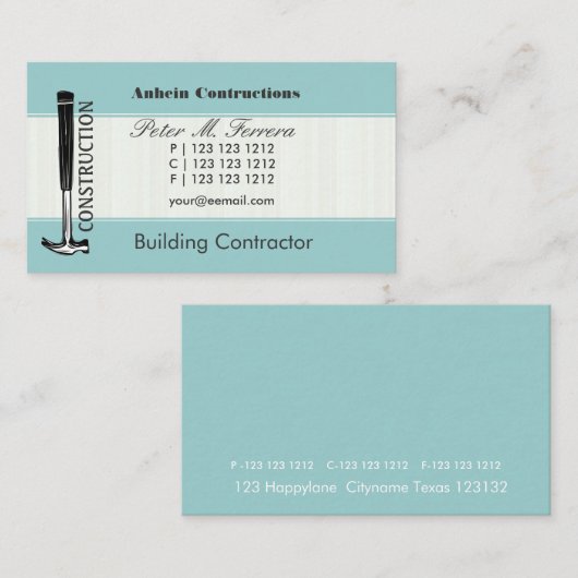 Wooden Hammer Handy Mannen Carpenter Tool blauw Visitekaartje (Voorkant / Achterkant)