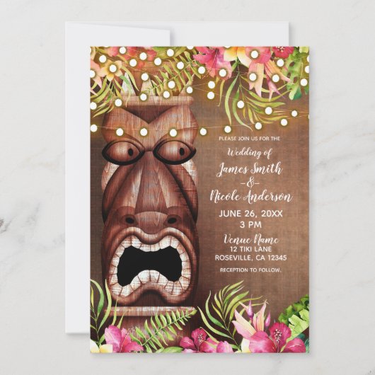 Wooden Hawaiian Tiki Luau Summer Beach Weddenschap Kaart (Voorkant)