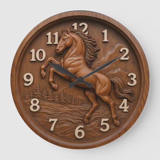 Wooden horse carved rustic equestrian rustic art grote klok (Voorkant)