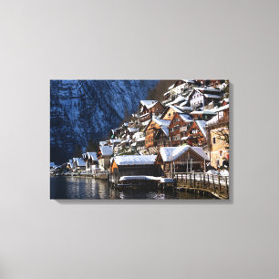 Wooden lakeside houses in Hallstatt, Oostenrijk Canvas Afdruk