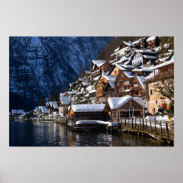 Wooden lakeside houses in Hallstatt, Oostenrijk Poster