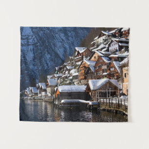 Wooden lakeside houses in Hallstatt, Oostenrijk Wandkleed
