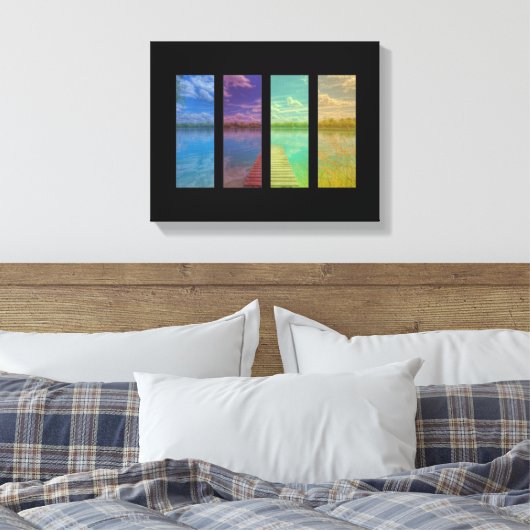 Wooden Pier over een Calm Lake Landscape Quadtrych Canvas Afdruk (Insitu (Slaapkamer))