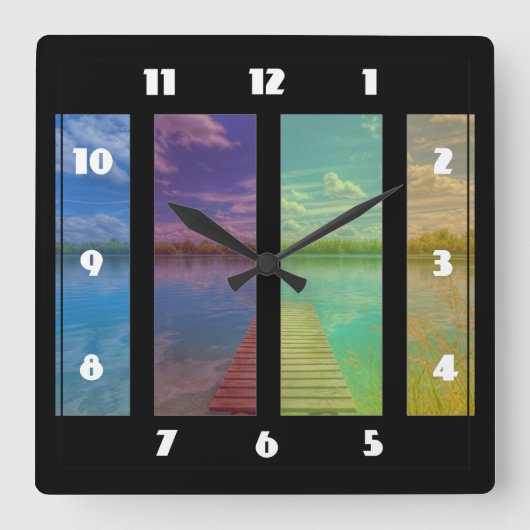 Wooden Pier over een Calm Lake Landscape Vierkante Klok (Voorkant)