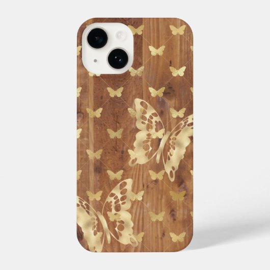 Wooden Plank Golden Butterflies iPhone 14 Hoesjes Hoesje (Achterkant)
