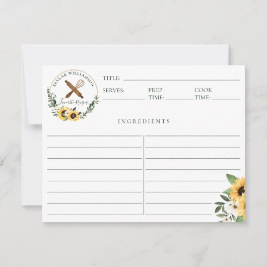 Wooden Rolling Pin & Whisk Yellow Sunflower Recipe Notitiekaartje (Voorkant)