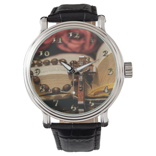 Wooden Rosary met Jezus op Cross Horloge (Voorkant)