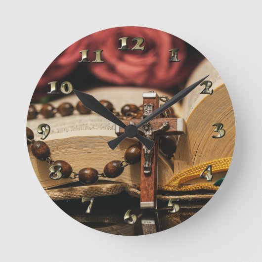 Wooden Rosary met Jezus op Cross Ronde Klok (Voorkant)