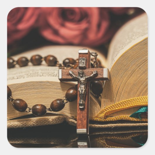 Wooden Rosary met Jezus op Cross Vierkante Sticker (Voorkant)