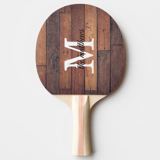 Wooden Rustic Farmhouse Monogram Naam Tafeltennisbatje (Voorkant)