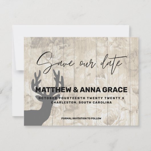 Wooden Rustic Floral Deer Antlers Save The Date (Voorkant)