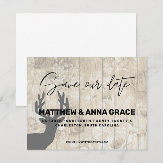 Wooden Rustic Floral Deer Antlers Save The Date (Voorkant / Achterkant)