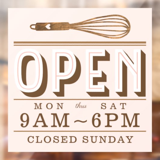 Wooden Rustic Whisk Open Hours Bakery Business Raamsticker (Vel 2)