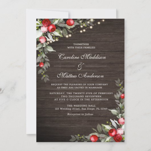 Wooden Rustic Winter Berries Wedding Invitation Kaart (Voorkant)