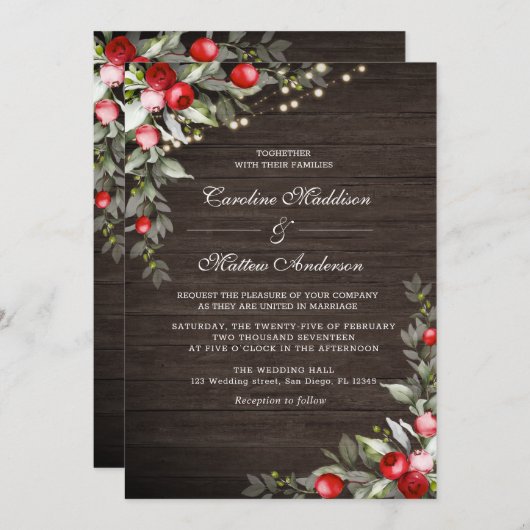 Wooden Rustic Winter Berries Wedding Invitation Kaart (Voorkant / Achterkant)