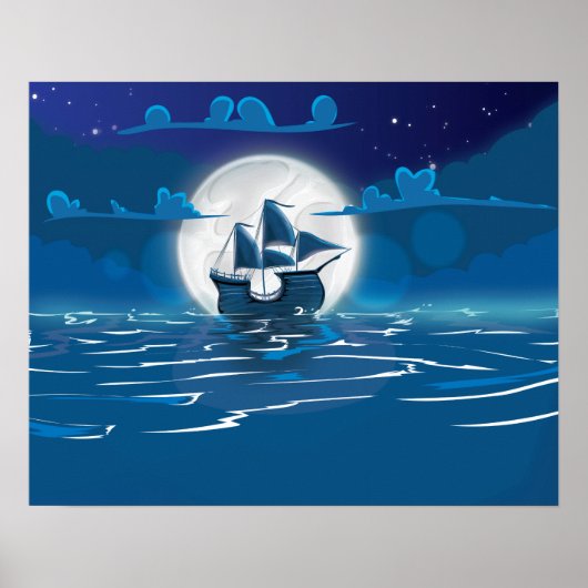 Wooden Sail schip in het moonlicht Poster (Voorkant)