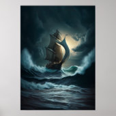 Wooden Ship Sailing on Rough Zeeen Poster (Voorkant)