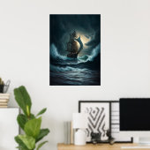 Wooden Ship Sailing on Rough Zeeen Poster (Thuiskantoor)
