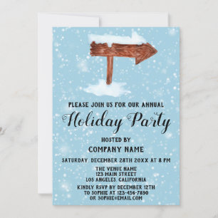 Wooden Sign White Snow Blue Company Holiday Party Kaart