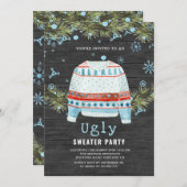 Wooden Snowy Ugly Sweater kerst Uitnodiging (Voorkant / Achterkant)