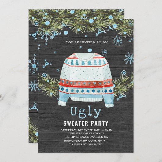 Wooden Snowy Ugly Sweater kerst Uitnodiging (Voorkant / Achterkant)