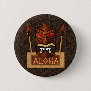 Wooden Tiki Mask  Retro ALOHA Hawaiian Ronde Button 5,7 Cm