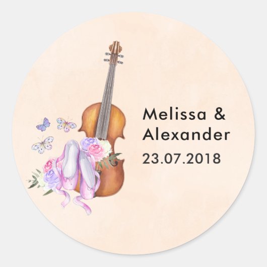 Wooden Violen & Ballet Shoes Wedding Date Ronde Sticker (Voorkant)