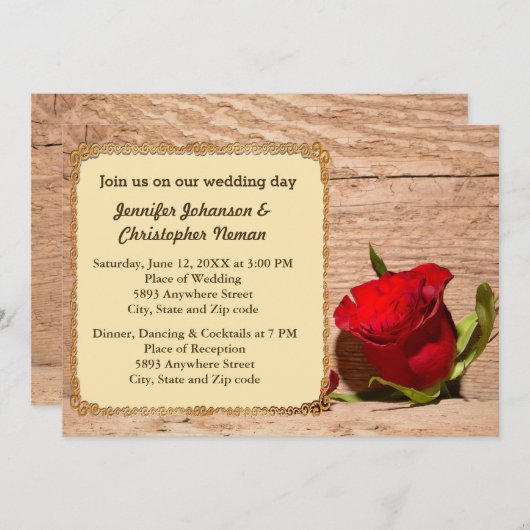Wooden Wall & Red Rose Wedding Invitation Kaart (Voorkant / Achterkant)