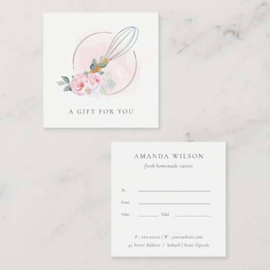 Wooden Whisk Blush Pink Floral Gift Certificate Vierkante Visitekaartje (Voorkant / Achterkant)
