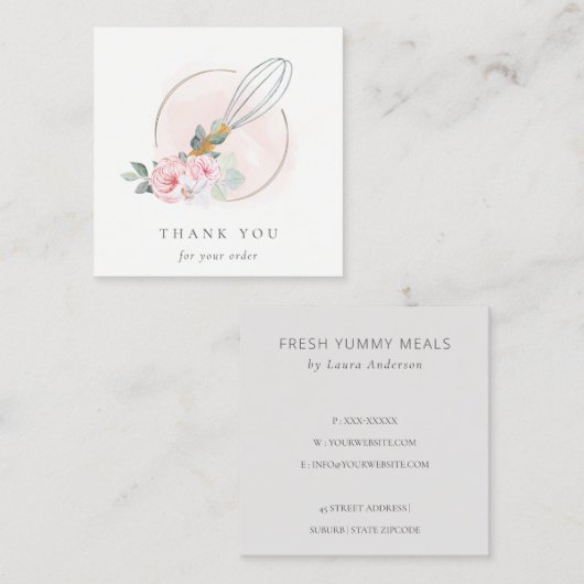 Wooden Whisk Blush Waterverf Flora Chef Dank je Vierkante Visitekaartje (Voorkant / Achterkant)