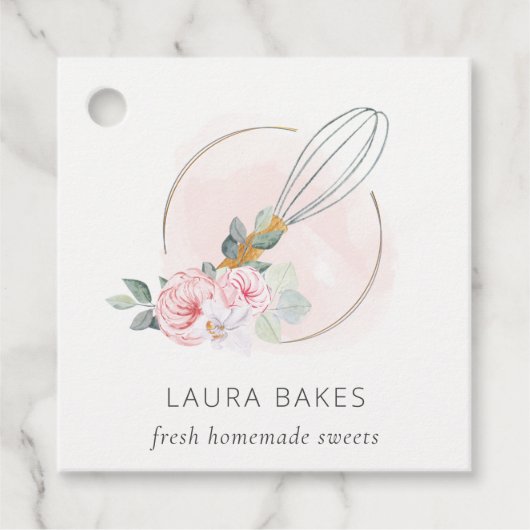 Wooden Whisk Blush Waterverf Floral Chef Logo Bedankjes Labels (Voorkant)