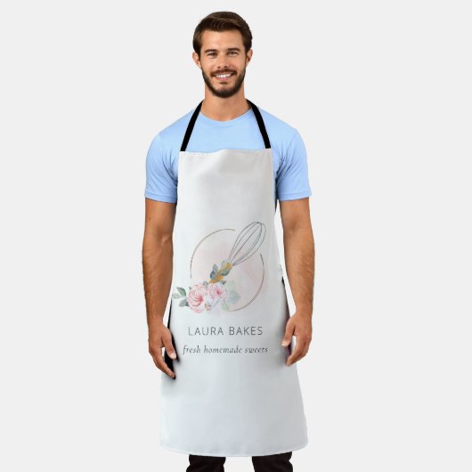 Wooden Whisk Blush Waterverf Floral Chef Logo Schort (Gedragen)
