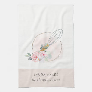 Wooden Whisk Blush Waterverf Floral Chef Logo Theedoek