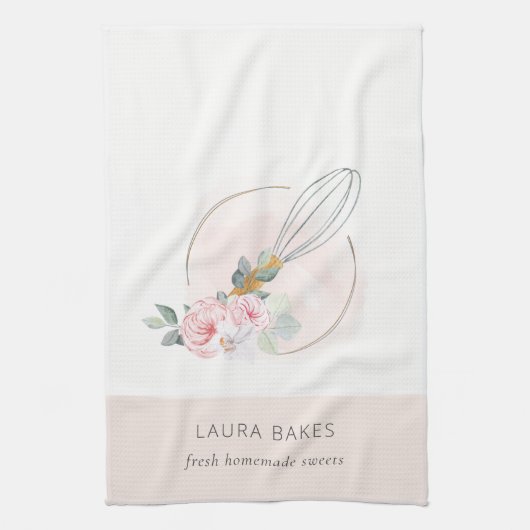 Wooden Whisk Blush Waterverf Floral Chef Logo Theedoek (Verticaal)