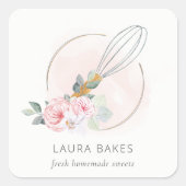 Wooden Whisk Blush Waterverf Floral Chef Logo Vierkante Sticker (Voorkant)