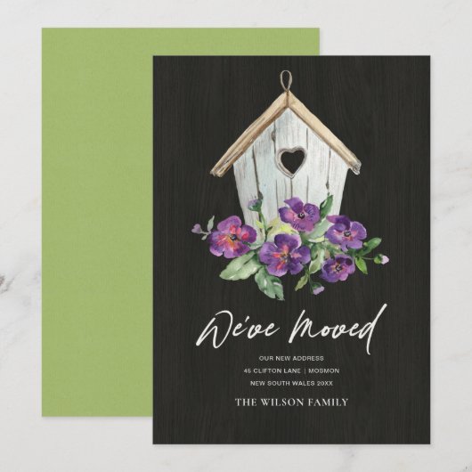 WOODEN ZWARTE FLORAL BIRD HUIS DIE NIEUW ADRES BEW AANKONDIGING (Voorkant / Achterkant)