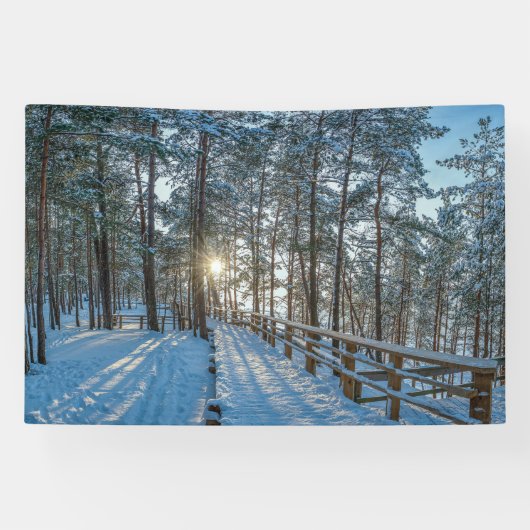 Woodenpad door sneeuwwinterbos spandoek (Horizontaal)