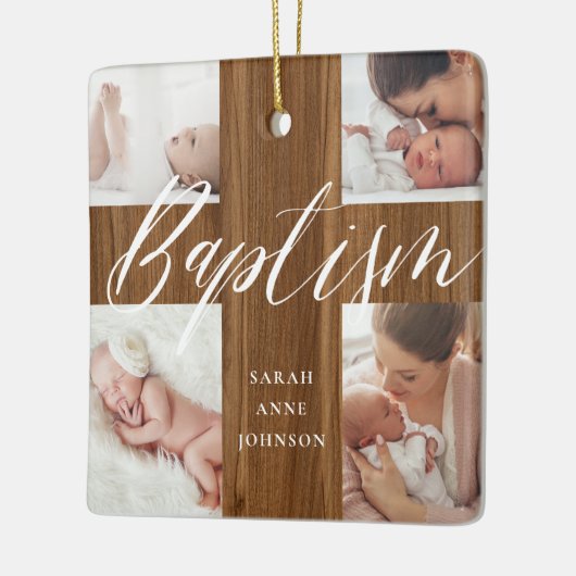 Woodgrain Baptism Calligraphy Photo Collage Baby Keramisch Ornament (Links)