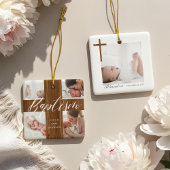 Woodgrain Baptism Calligraphy Photo Collage Baby Keramisch Ornament