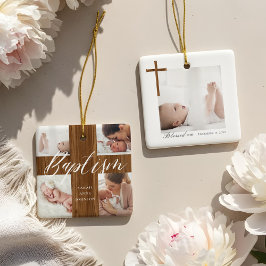 Woodgrain Baptism Calligraphy Photo Collage Baby Keramisch Ornament