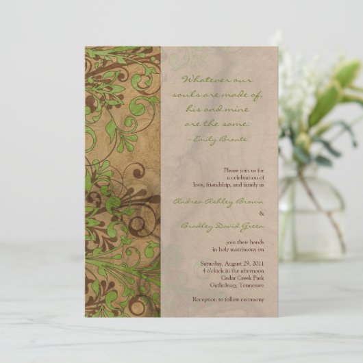 Woodgrain Floral Green Wedding Invitation Kaart (Staand voorkant)