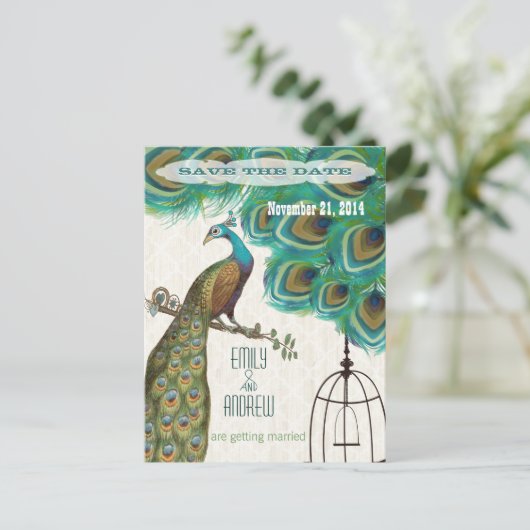 Woodgrain Lattice Peacock Vogelkooi Save the Date Aankondigingskaart (Staand voorkant)